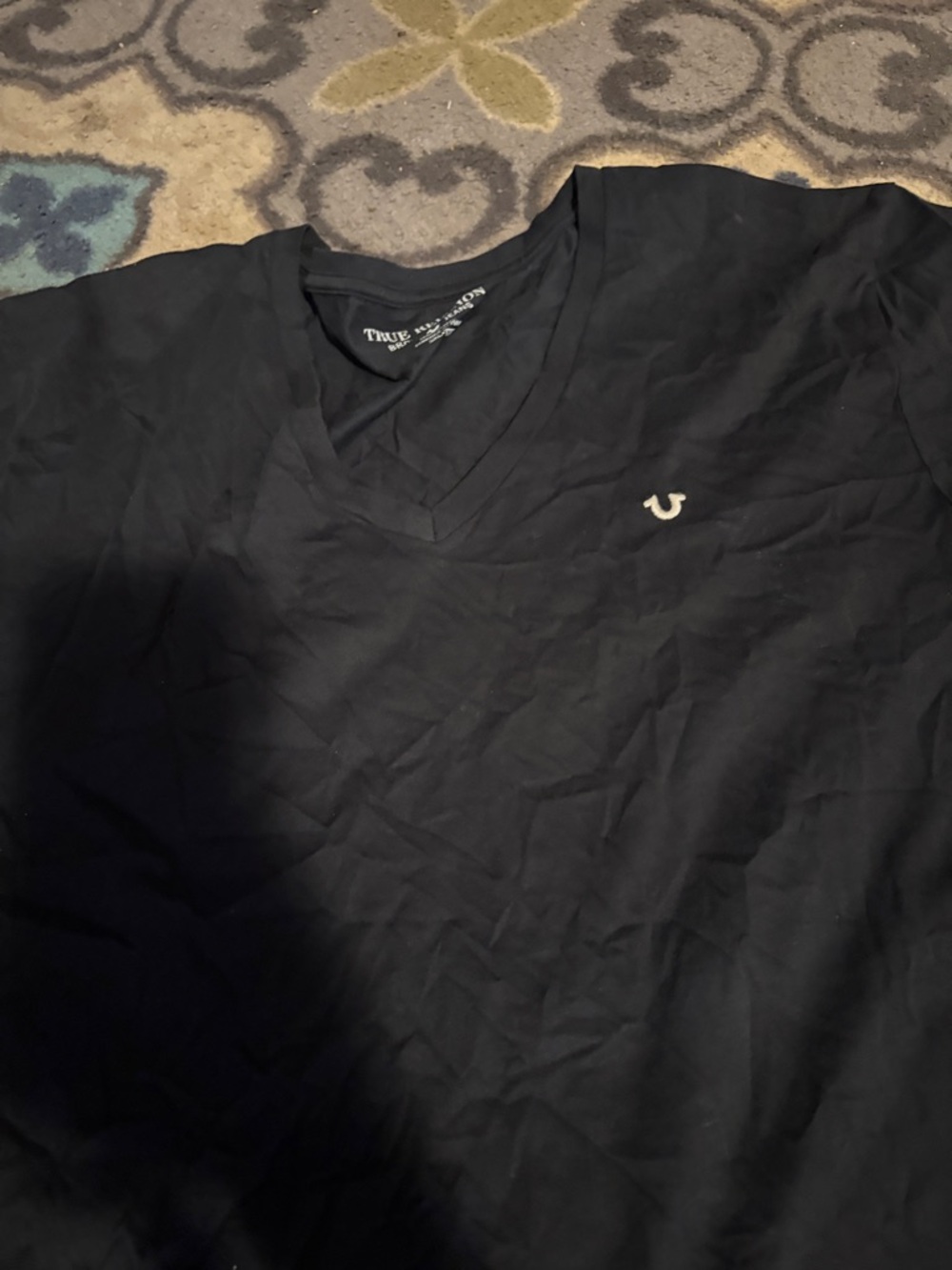 True Religion Black V-Neck Tee with White Horseshoe Accent